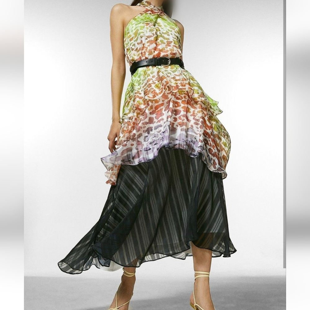 Karen Millen Womens Maxi Dress Animal Print Rainbow Tiered Halter High Low Sz 6